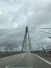 Low angle view of suspension bridge against sky