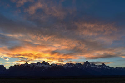 Scenic view of snowcapped mountains against sky during sunset