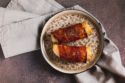 High angle view of food in plate on table