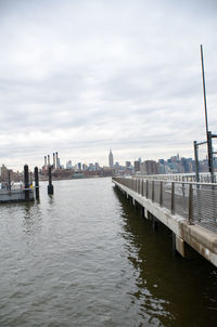 View of bridge over river against cloudy sky