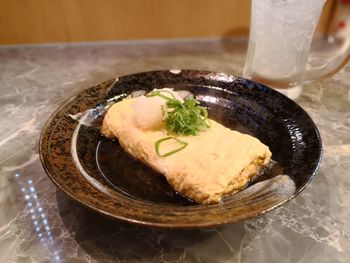 High angle view of food in plate on table