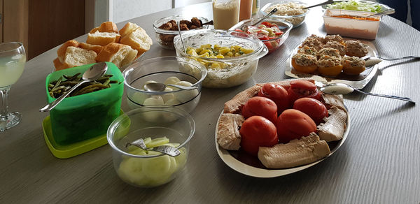 High angle view of breakfast on table