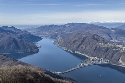 High angle view of lake amidst mountains against sky