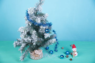 High angle view of christmas tree on table