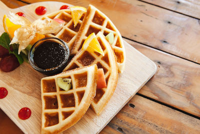 High angle view of breakfast served on table