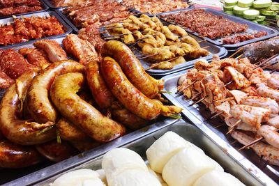 High angle view of meat for sale at market stall