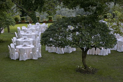 View of empty chairs on field