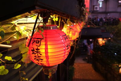 Close-up of illuminated lanterns hanging on roof against building at night