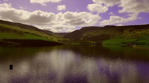 Scenic view of lake against cloudy sky