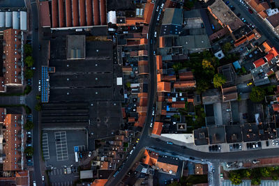 High angle view of illuminated buildings in city