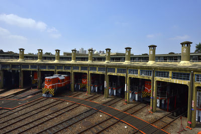 Train on railroad track against sky