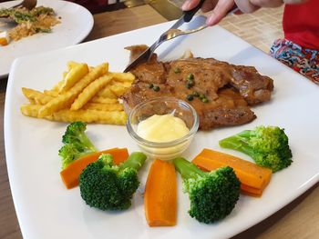 High angle view of food served on table