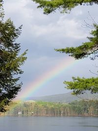 Scenic view of rainbow over lake against sky