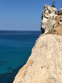 Scenic view of sea against clear blue sky