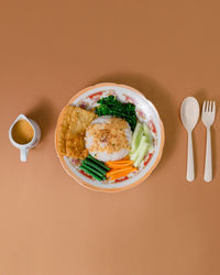 High angle view of breakfast served on table