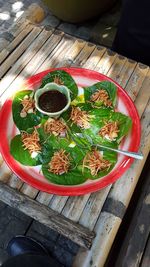 High angle view of meal served on table