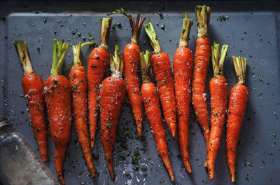 High angle view of red chili peppers