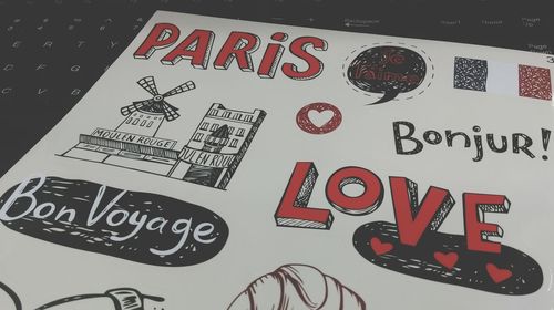 High angle view of information sign on table