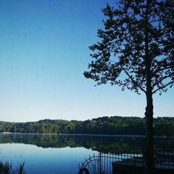 Scenic view of lake against clear blue sky