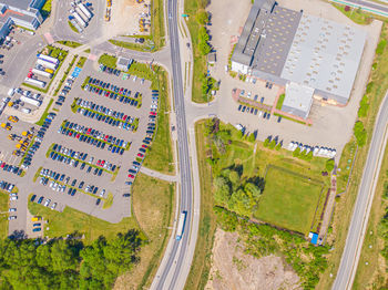 Aerial view of warehouse storages or industrial factory or logistics center from above. top view 