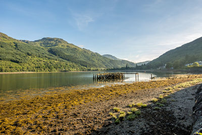 Scenic view of lake by mountains against sky