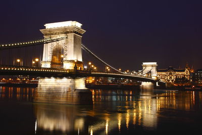 Illuminated bridge over river at night