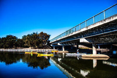 Bridge over river against clear blue sky