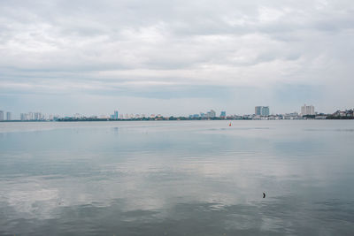 Scenic view of lake against cloudy sky