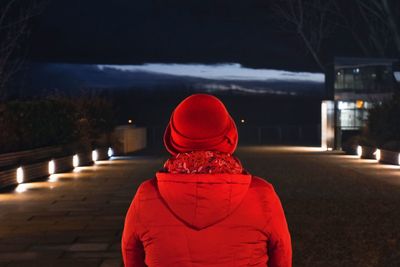 Rear view of person standing on footpath at night