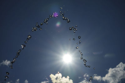 Low angle view of water drops against bright sky