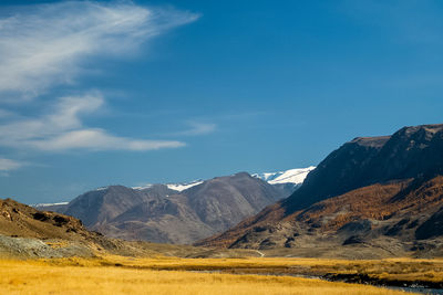 Scenic view of mountains against blue sky
