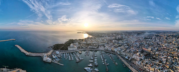 High angle view of city during sunset