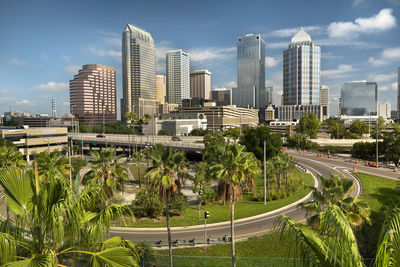 Panoramic view of city buildings against sky