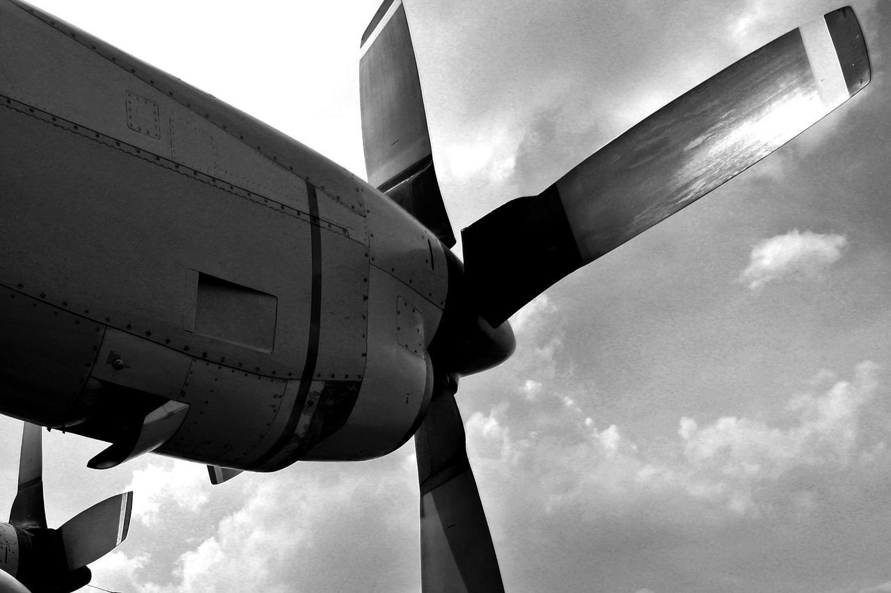 LOW ANGLE VIEW OF AIRPLANE FLYING IN SKY