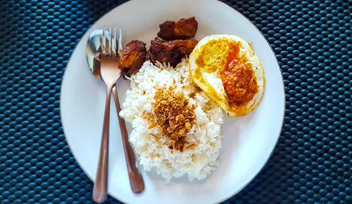 High angle view of breakfast served on table