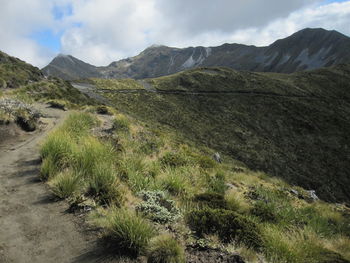 Scenic view of landscape and mountains against sky