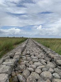 Surface level of dirt road amidst field against sky