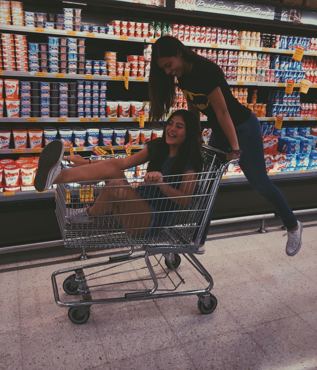 shopping cart, supermarket, retail, two people, mother, groceries, mid adult, full length, store, customer, consumerism, women, adult, people, food, buying, indoors, young women, only women, adults only, domestic life, young adult, day