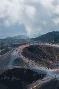 Aerial view of landscape against sky and craters of a volcano 