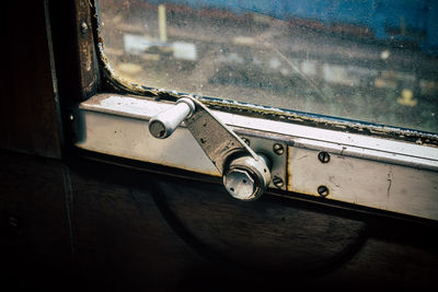 Close-up of old train window