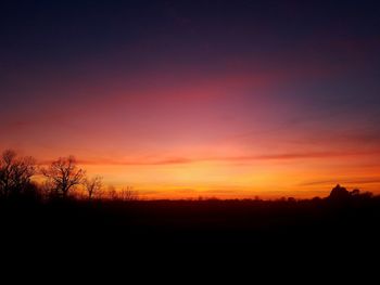 Silhouette trees on landscape against orange sky