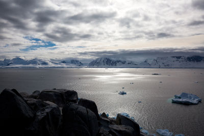 Scenic view of sea and mountains against sky