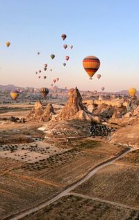 Hot air balloons flying over landscape