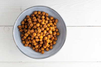 High angle view of eggs in bowl on table