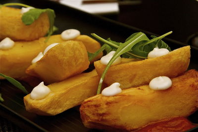 Close-up of patatas bravas