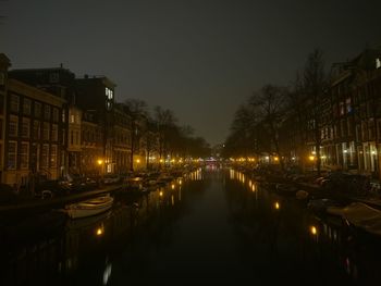 Canal passing through city at night