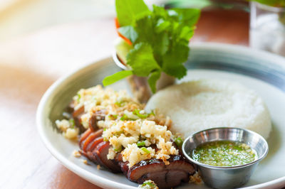 Close-up of meal served on table