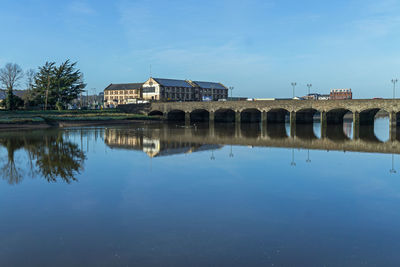 Reflection of building on lake against blue sky