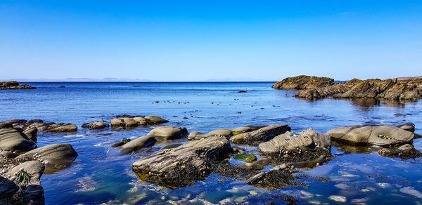 Scenic view of sea against clear blue sky