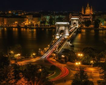 High angle view of light trails on street